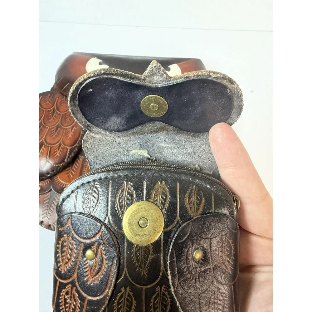 Handmade Hand Tooled Leather Owl Purse Crossbody And Wristlet Vintage‎